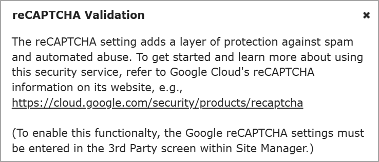 reCAPTCHA Validation pop-up window