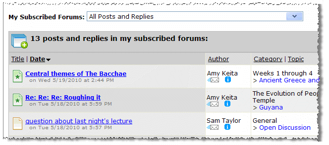 My Subscribed Forums screen showing list of activities.