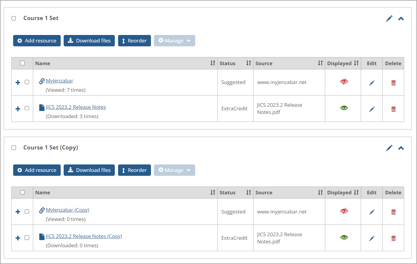 Copied set and resources