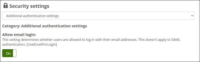 Security settings screen showing Allow email login toggle button.