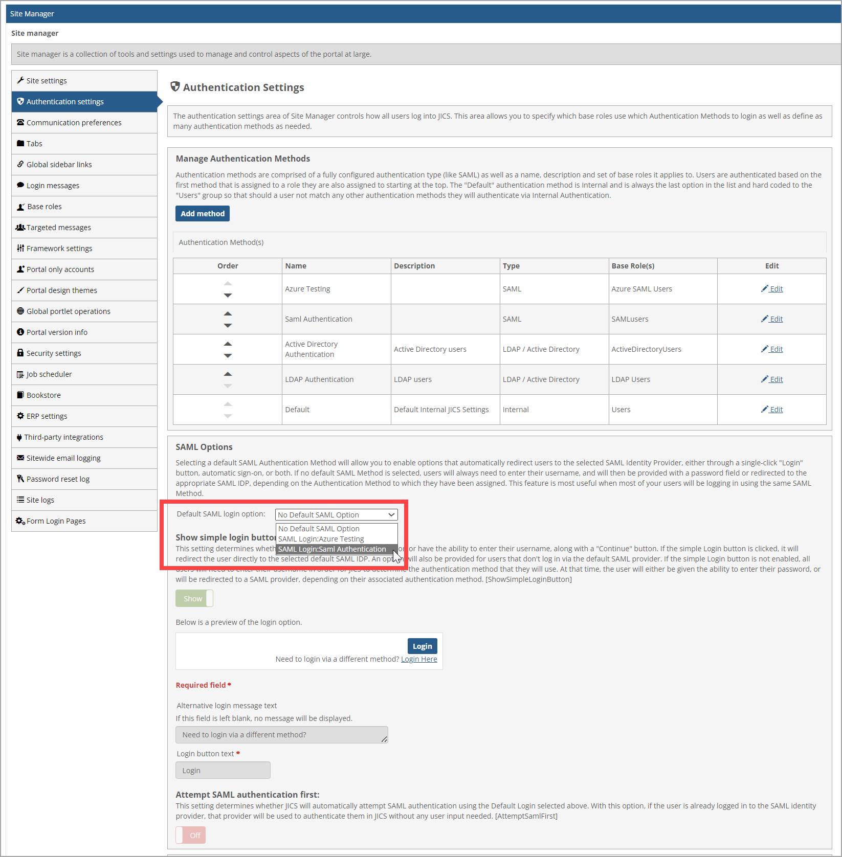 Default SAML login option drop-down menu