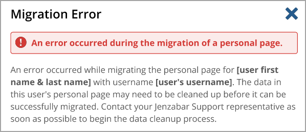Migration Error pop-up window for a personal page