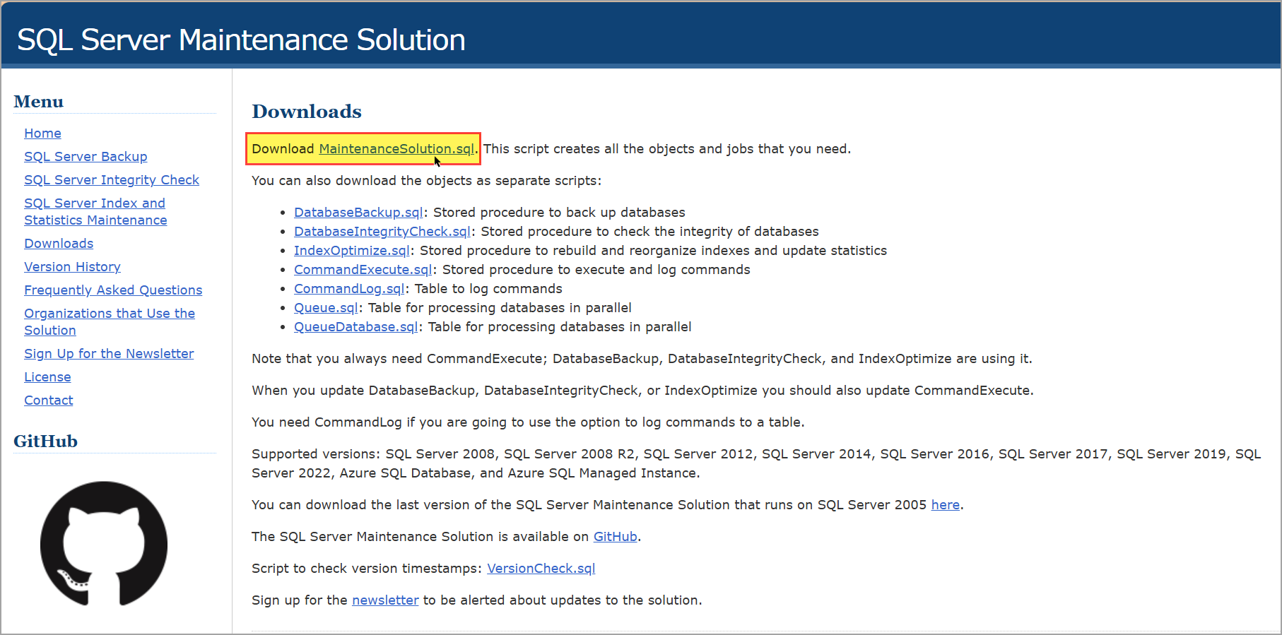 SQL Server Maintenance Solution screen