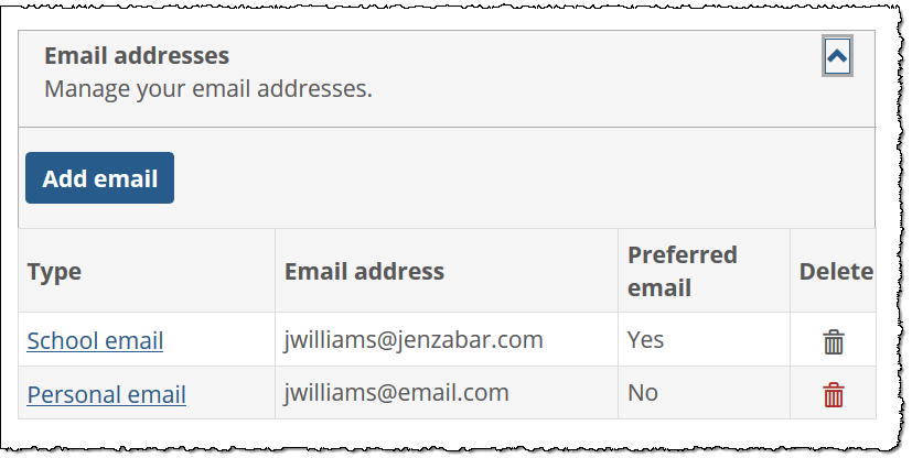 Email addresses section shows added email address.