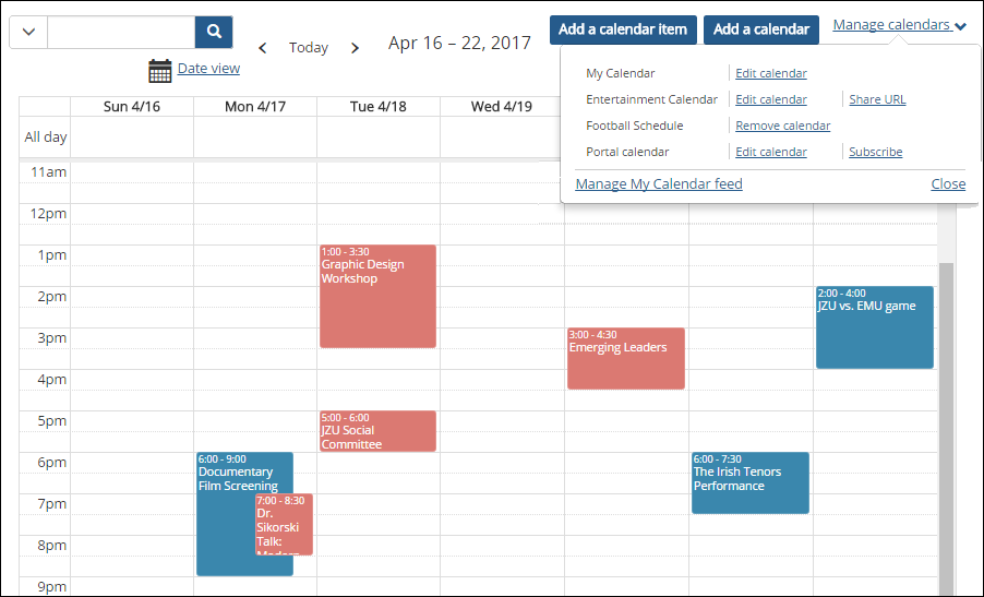 Manage calendars drop-down menu on top right of calendar showing Subscribe link.