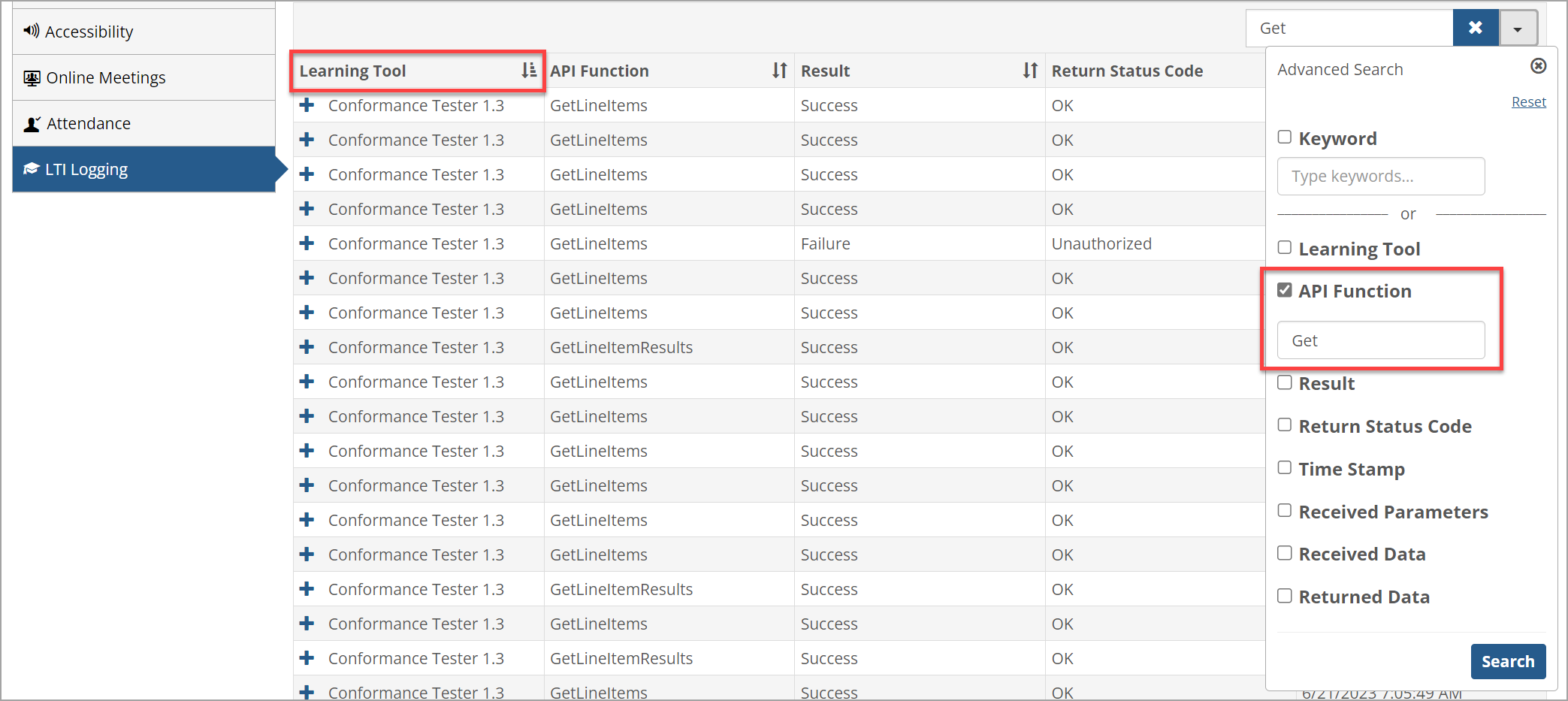 LTI Logging page showing Advanced Search capabilities