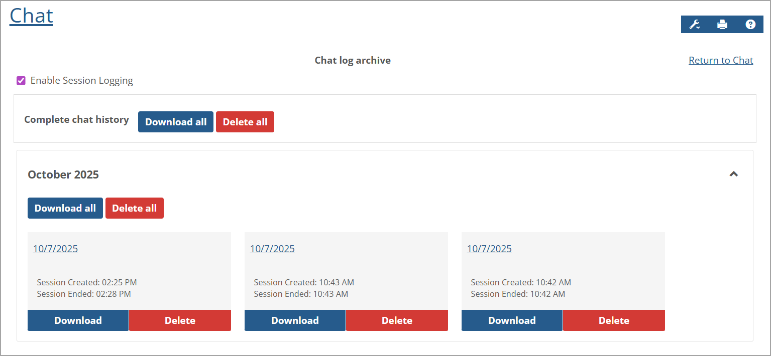 Chat log archive screen showing chat sessions.