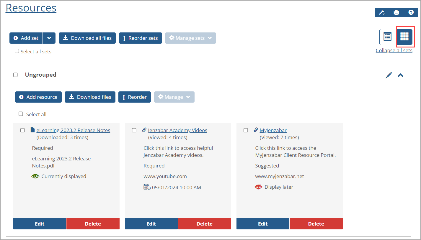 Resources displayed in Ungrouped set in Card View (default).
