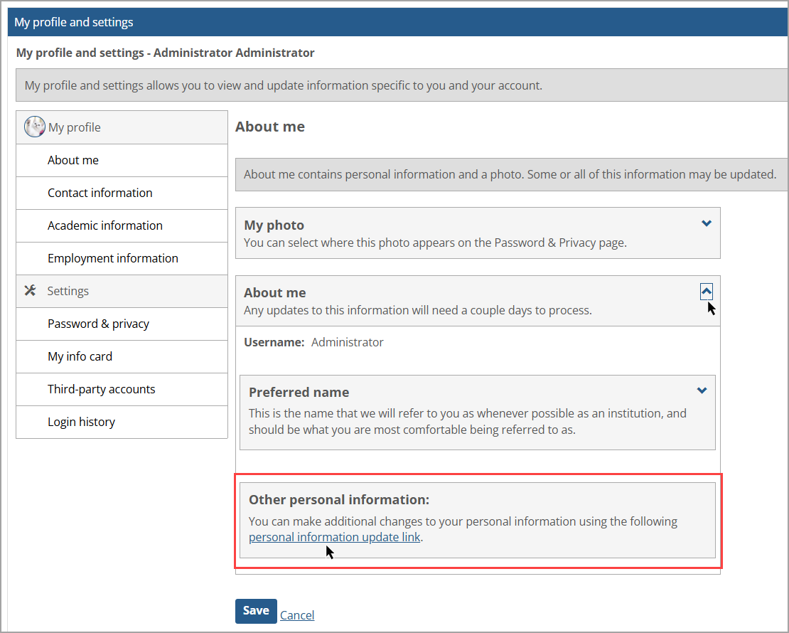 Personal information update link in Other personal information section