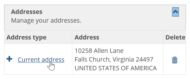Current address link in Address type column