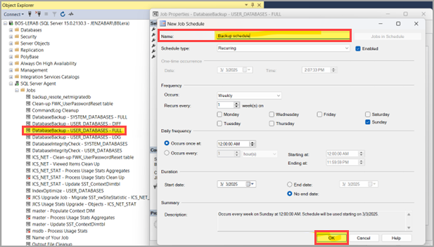 New Job Schedule Window for Setting Up Maintenance