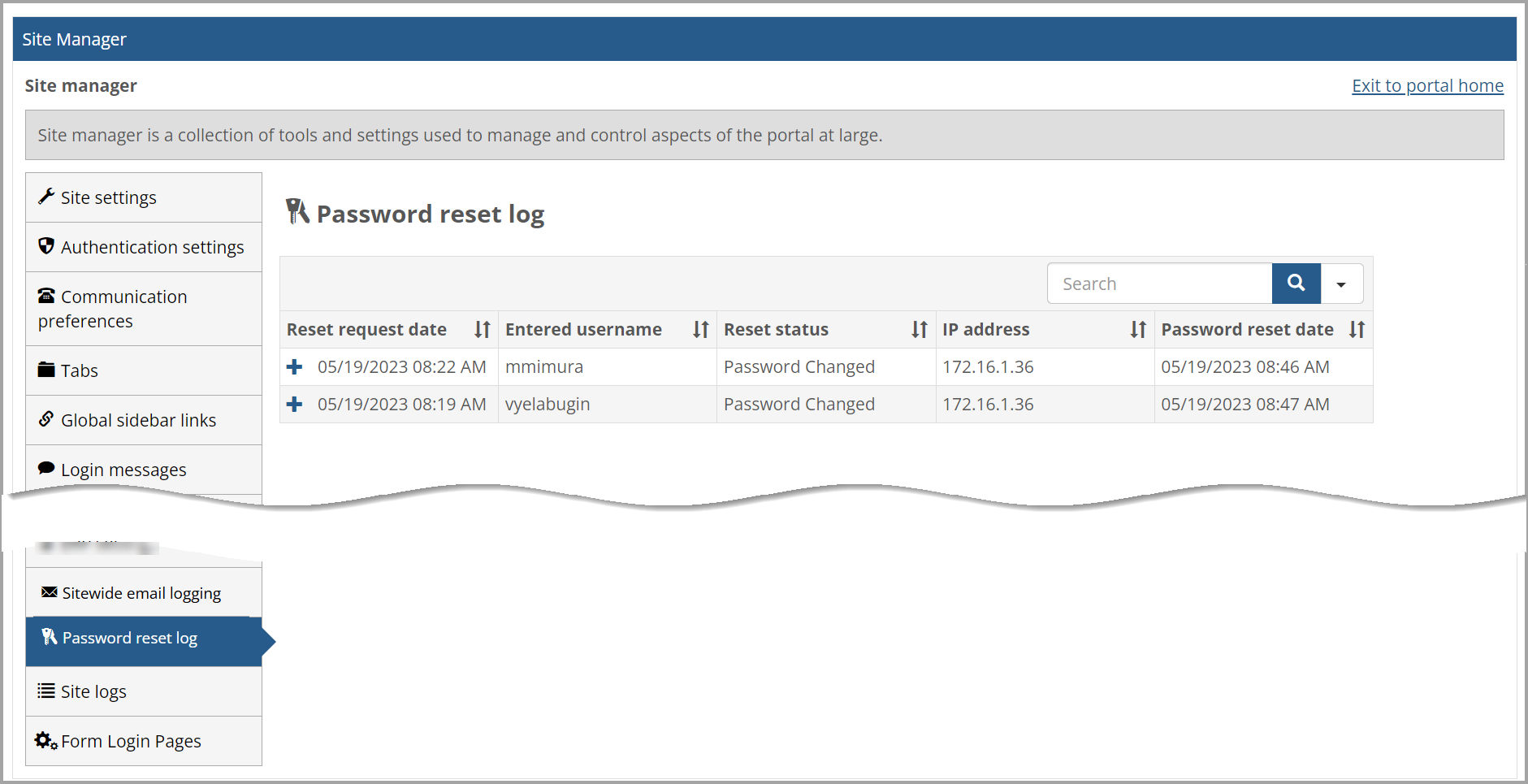 Password reset log table