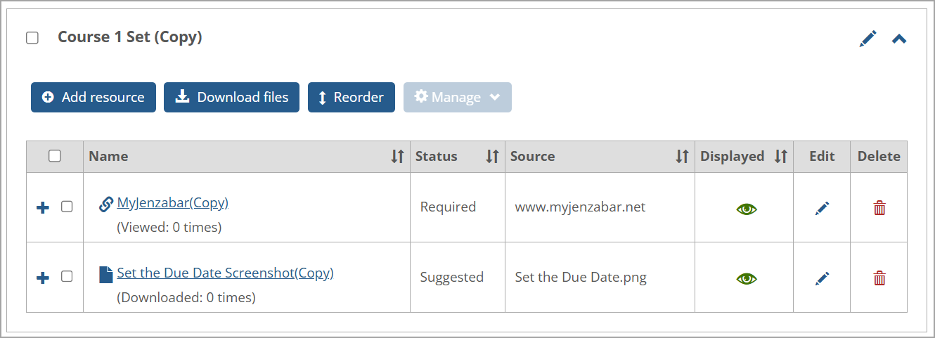 Imported set and its resources display as copies on the Resources screen.