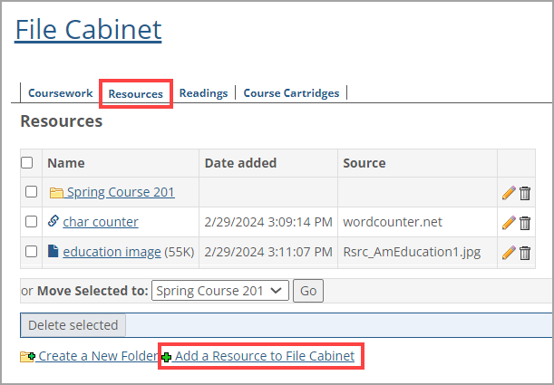 File Cabinet main screen showing Resources tab and the Add a Resource to File Cabinet link.