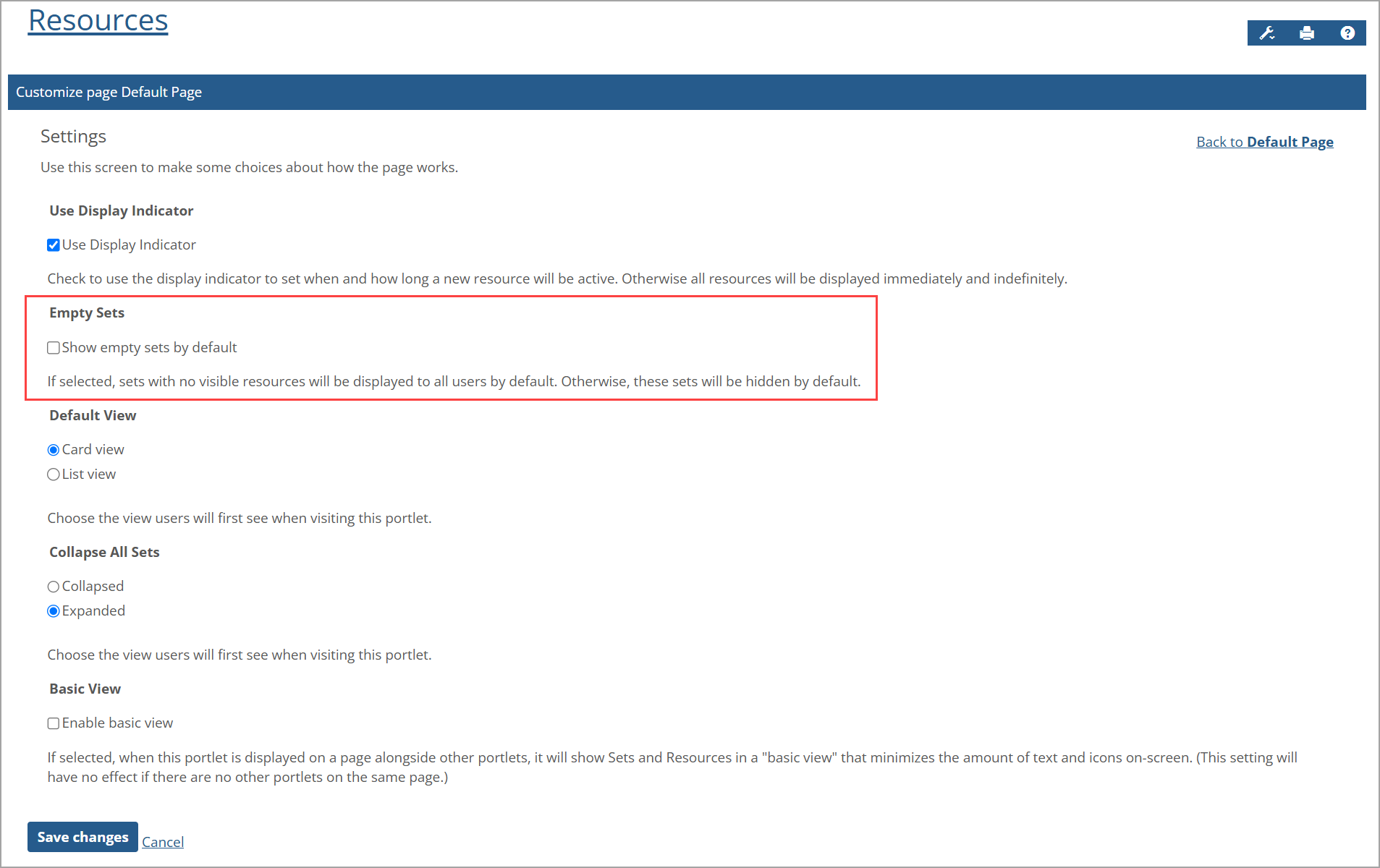 Resources portlet Settings page after clicking Wrench icon. The Empty Sets section was a change in the JICS 2024.2 Release.