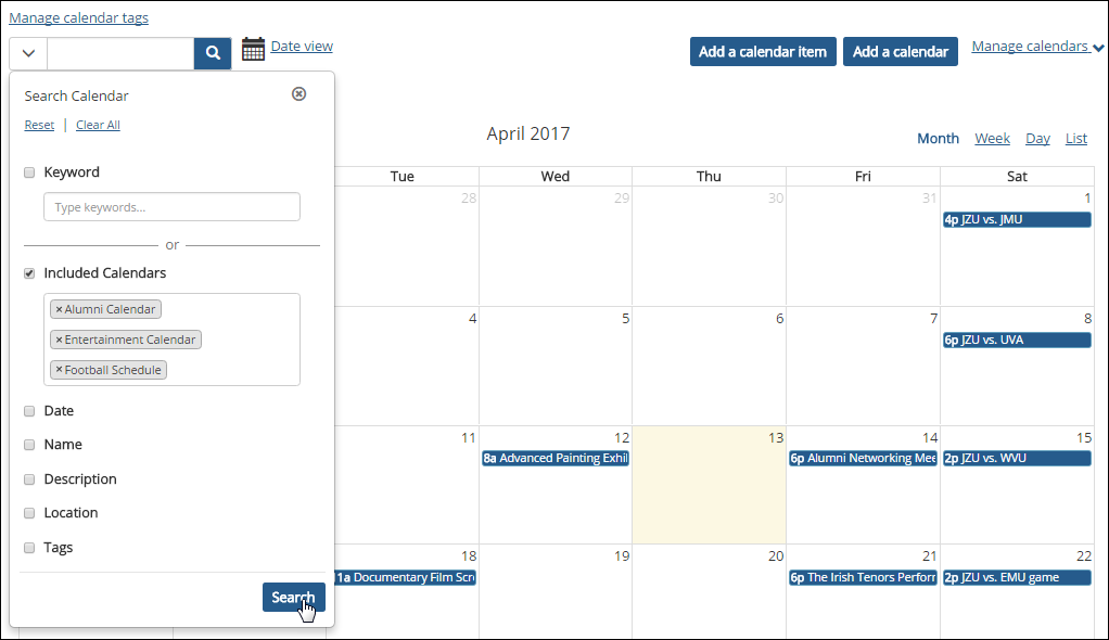 Calendar screen showing Search options.