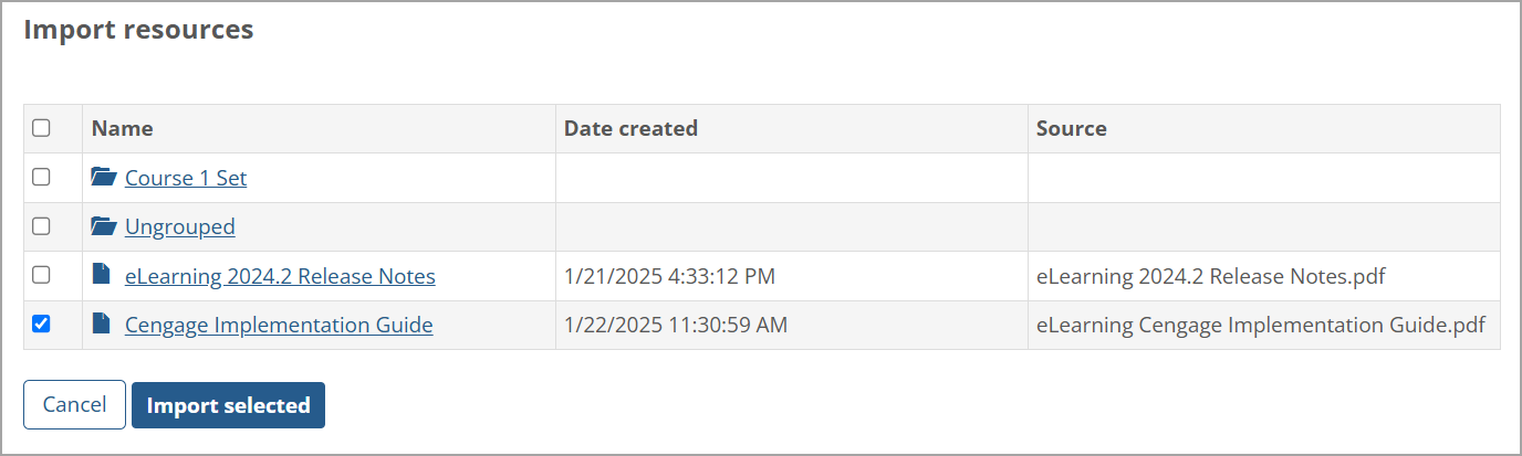 Import resources screen with one resource selected