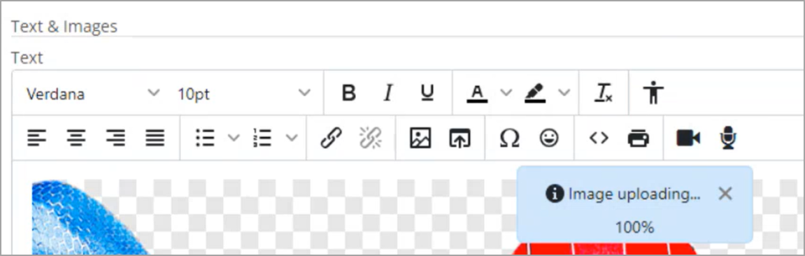 Image uploading message after dragging and dropping image into text editor.
