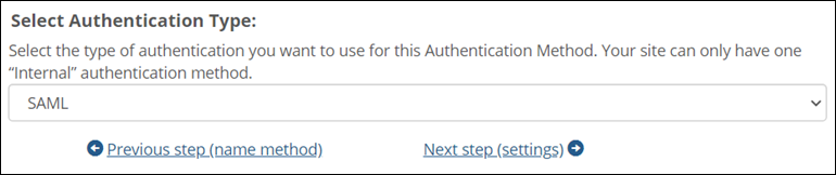 Select Authentication Type screen showing SAML option selected.