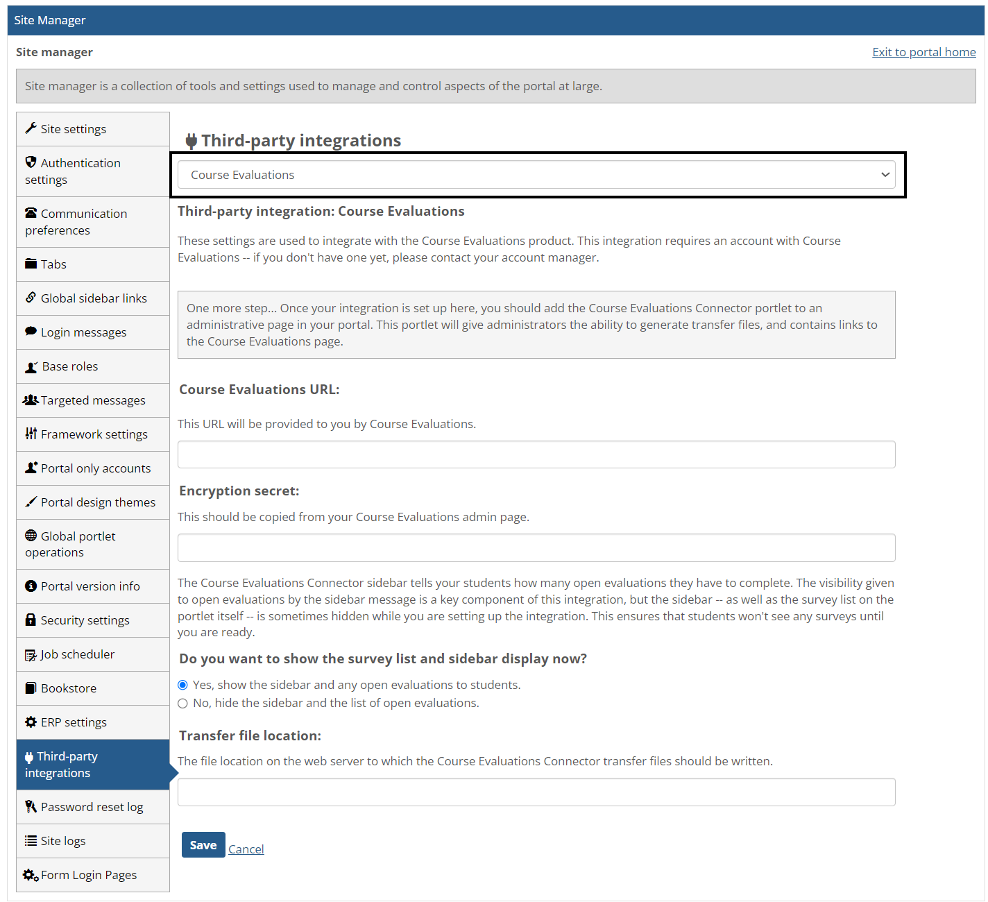 Third-party integrations screen for Course Evaluations.