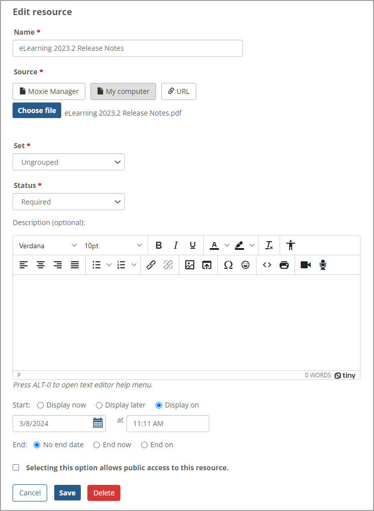 Edit resource screen