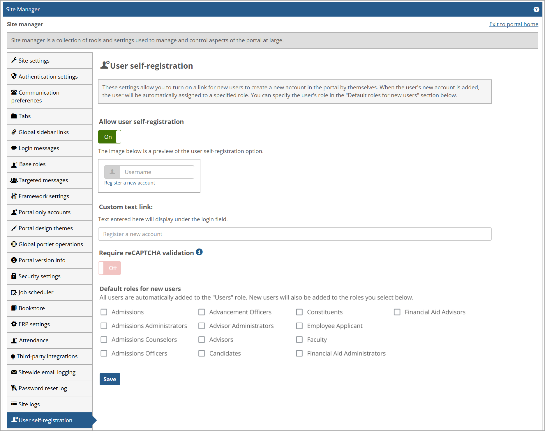 User Self-registration tab and page