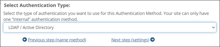 Select Authentication Type screen showing LDAP / Active Directory option selected.