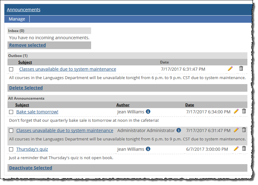 Maximized view of Announcements screen with Manage menu