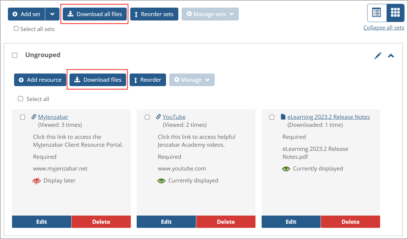 Download all files and Download files buttons on Resources screen