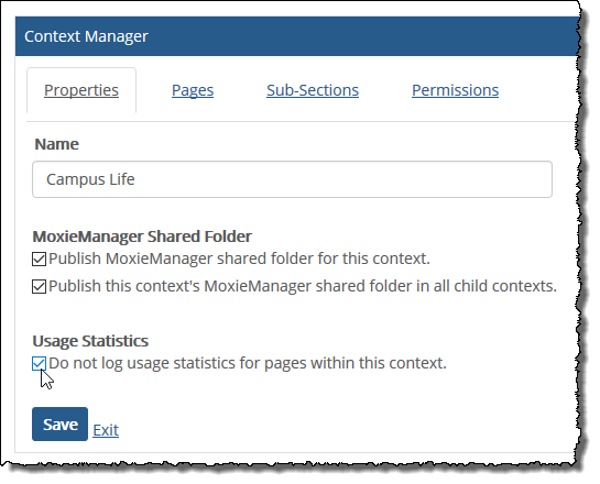 Context Manager screen, Properties tab showing Do not log usage stats... checkbox.