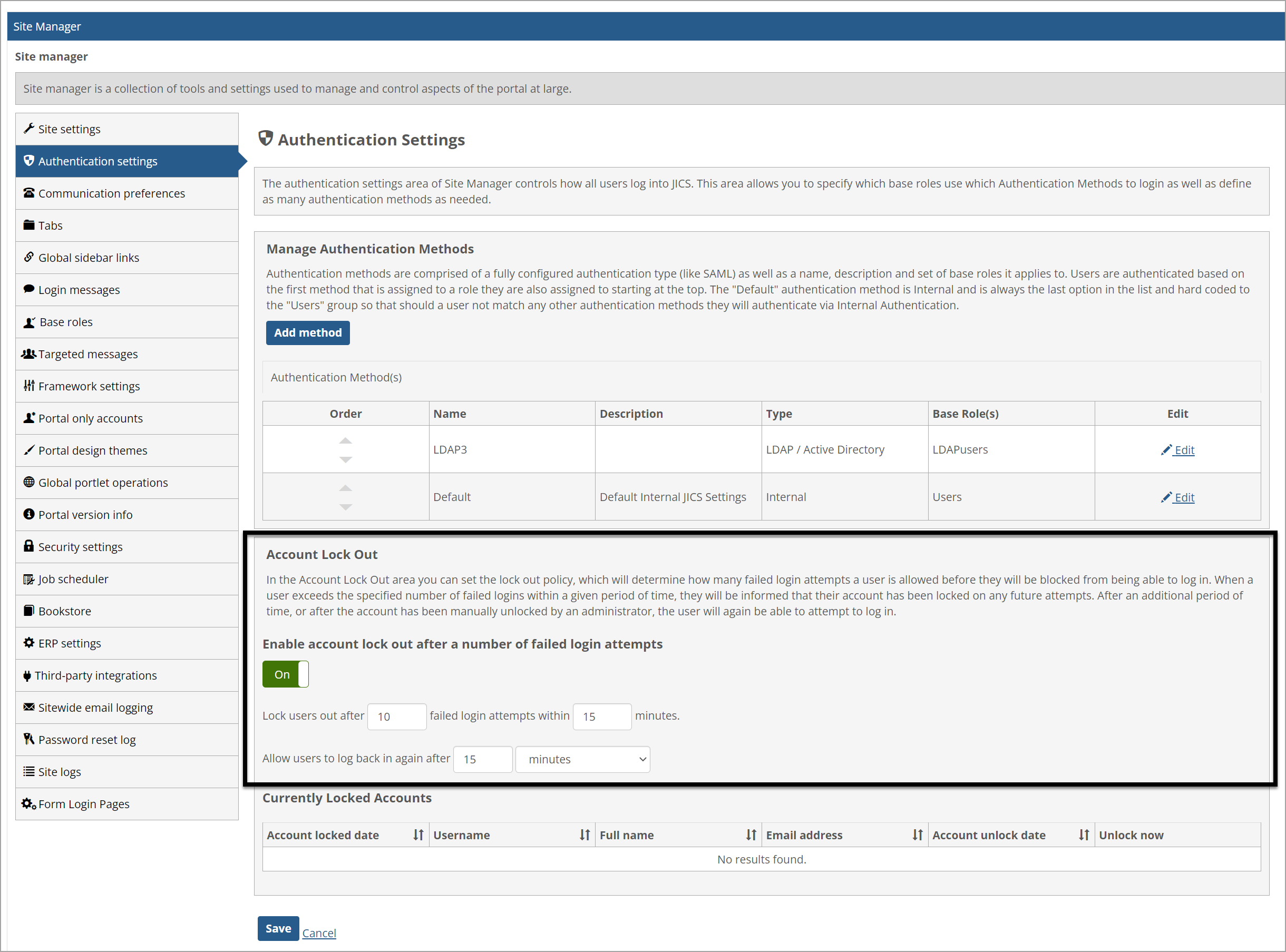 Account Lock Out section in Authentication Settings screen