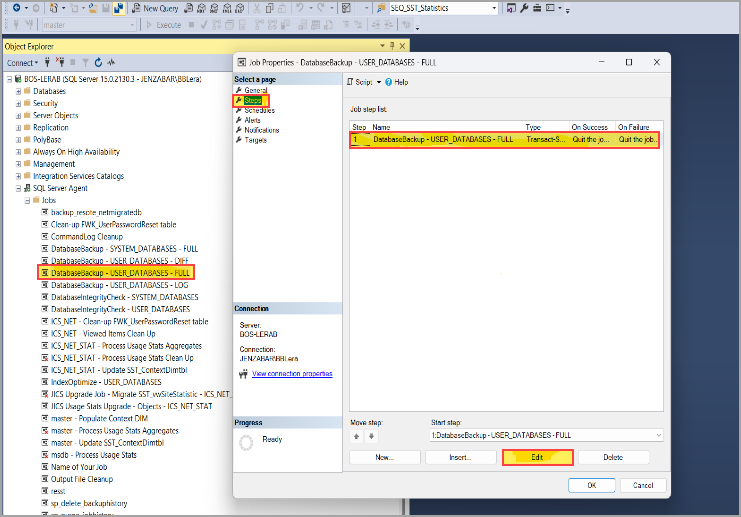 Edit Full Backup Job for User Databases screen