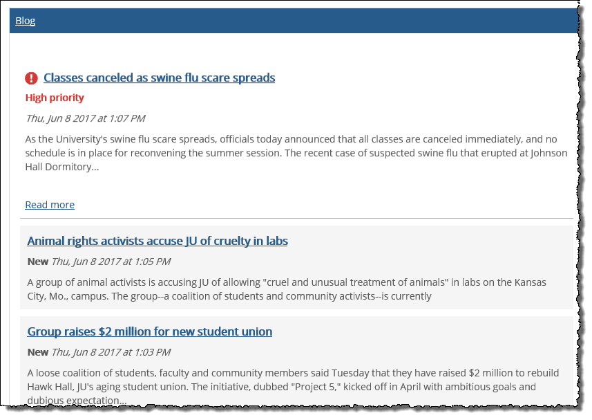 Blog screen showing posts.