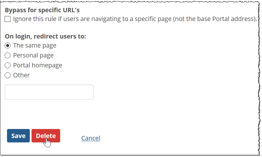 Delete button on Edit redirect settings page