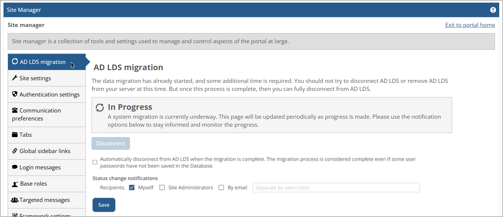 AD LDS migration page showing In Progress status.