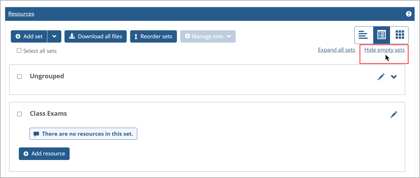 Show - Hide empty sets link on Resources main screen