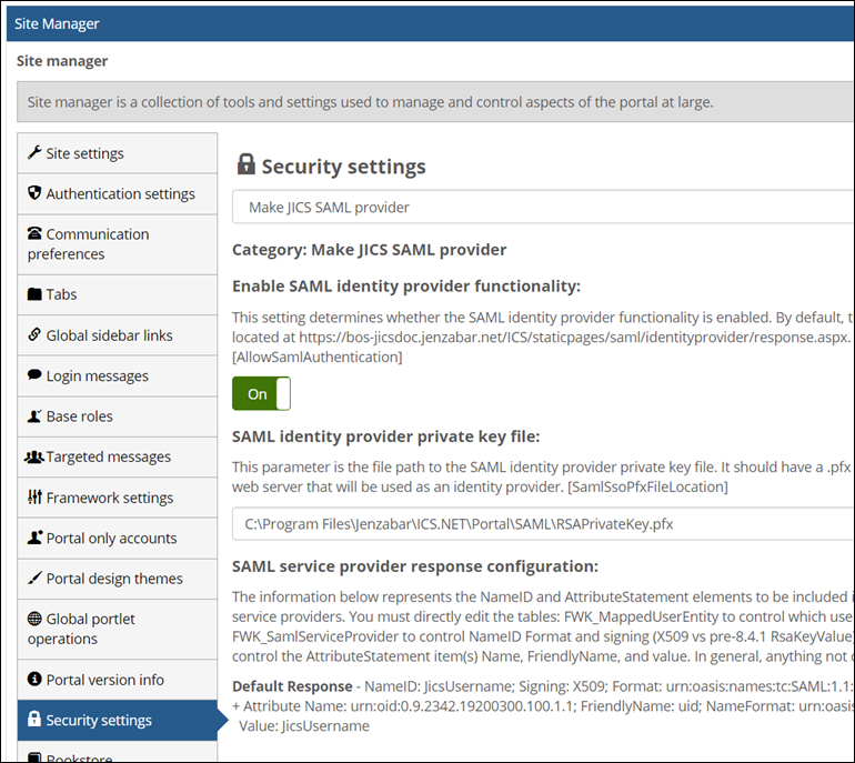 Security settings page showing SAML information.