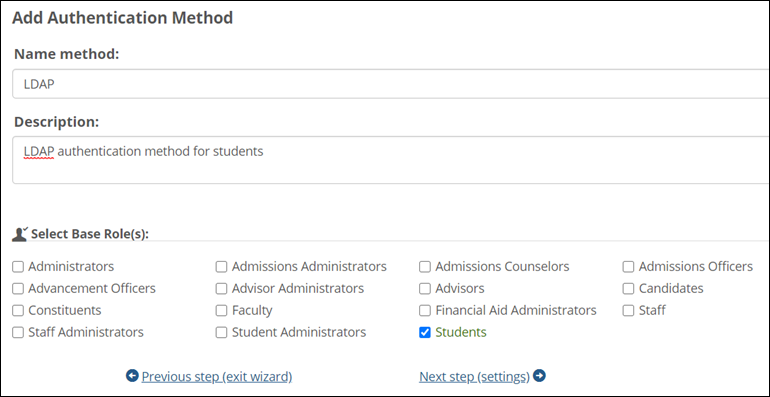 Add Authentication Method screen
