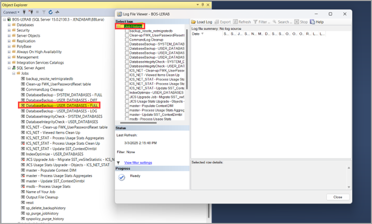 Log File Viewer Window Showing Job History