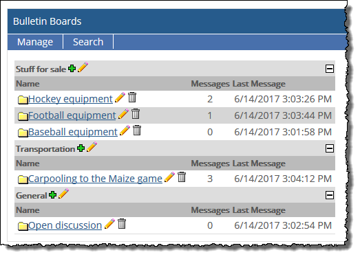 Bulletin Boards screen showing messages.