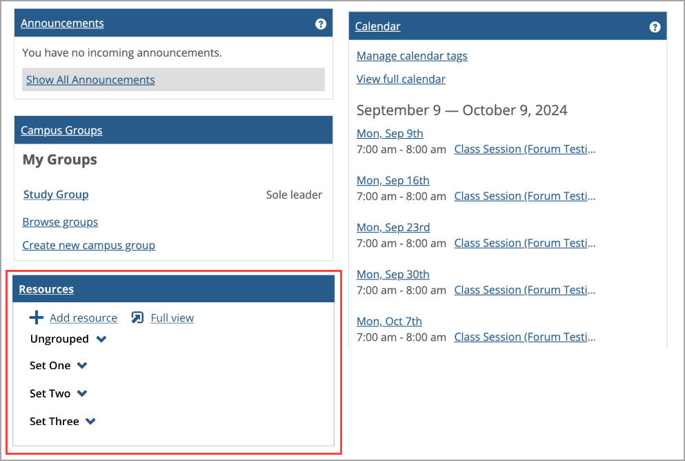 Resources portlet shown with other portlet types in the Basic View format.
