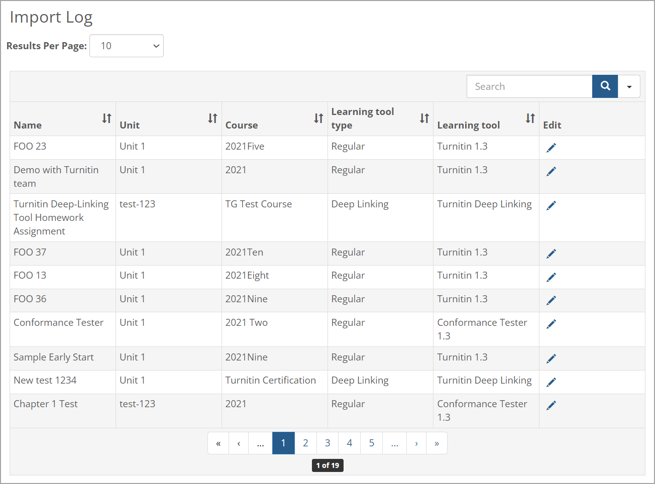 Import Log screen