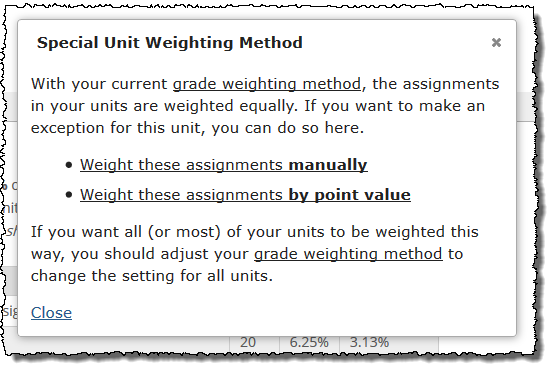 Special Unit Weighting Method options.