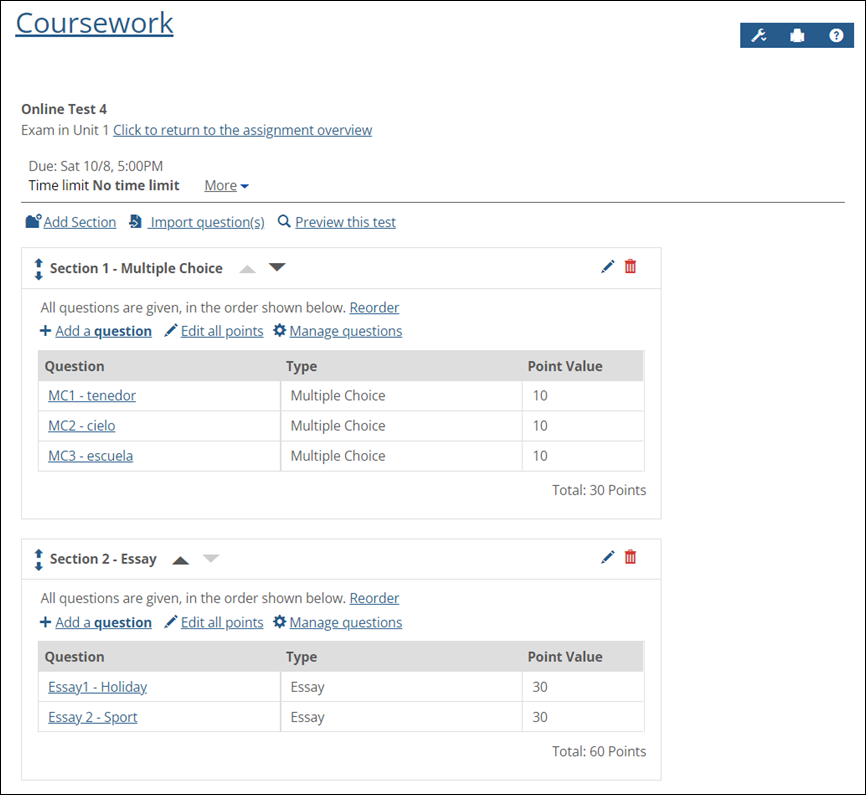 Test Builder main page showing an online test.