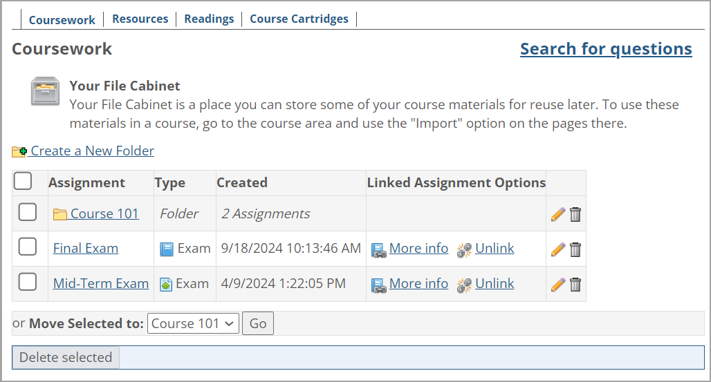 Coursework tab showing assignments.