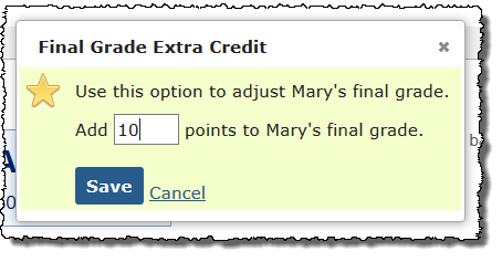 Final Grade Extra Credit pop-up window shows field to adjust student's grade.