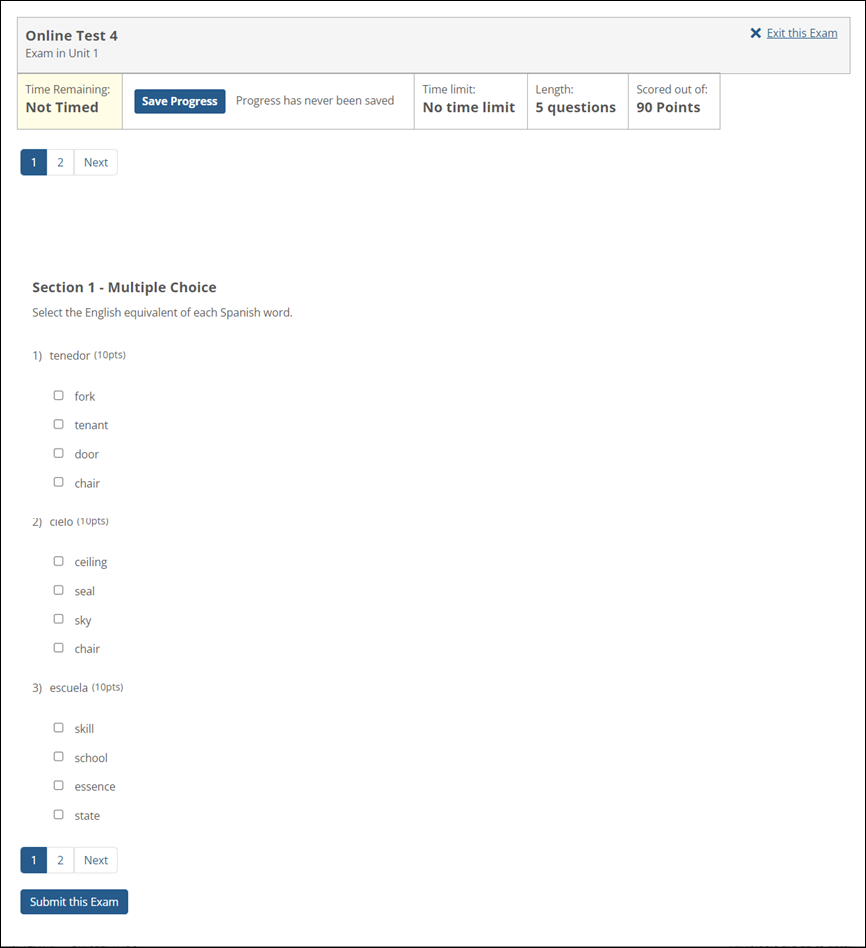Student view of an online test