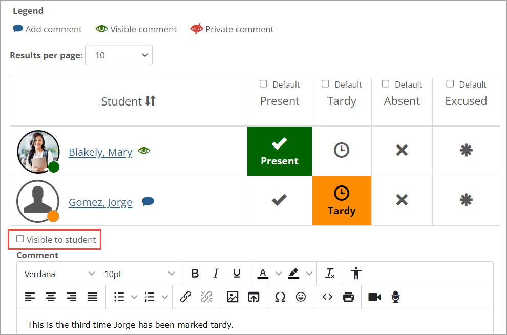 Visible to student checkbox must be blank for a private comment.