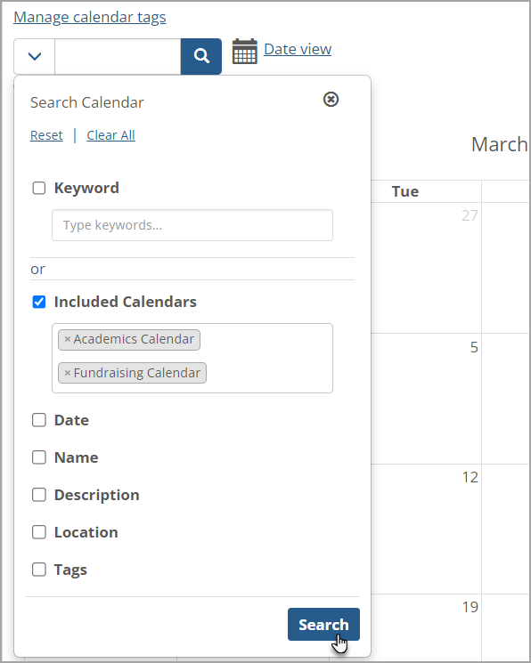 Included Calendars checkbox and included calendars