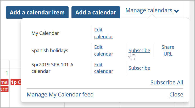 Manage calendars drop-down menu showing Subscribe link.
